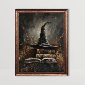 Witch Hat on Books | Witchy Wall Art, Fall Cottagecore Halloween Print, Vintage Wizard Hat Printable, Dark Academia Prints, Moody Book Decor