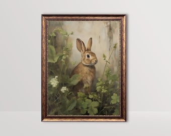 May include: A framed painting of a brown rabbit sitting in a field of green plants and white flowers. The rabbit is looking to the right of the image.