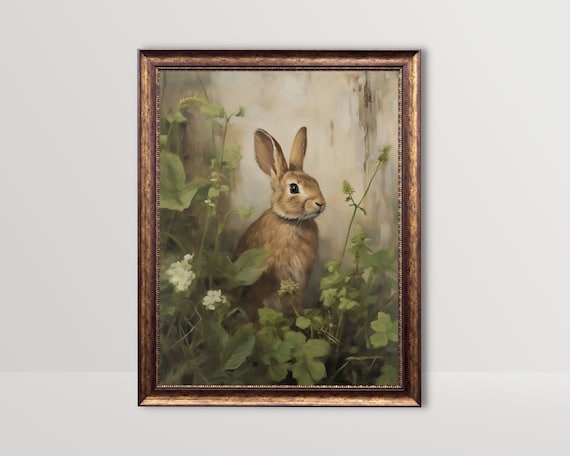 Rabbit | Vintage Bunny Oil Painting, Rustic Farmhouse Decor, Easter Art Print, Cottagecore Spring Wall Art, Nature Prints Countryside Poster