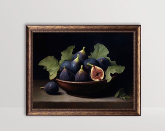 May include: A still life painting of a bowl filled with ripe figs. The figs are a deep purple color, with some cut open to reveal the red interior. Green leaves are interspersed among the fruit. The bowl is brown, and the background is dark.