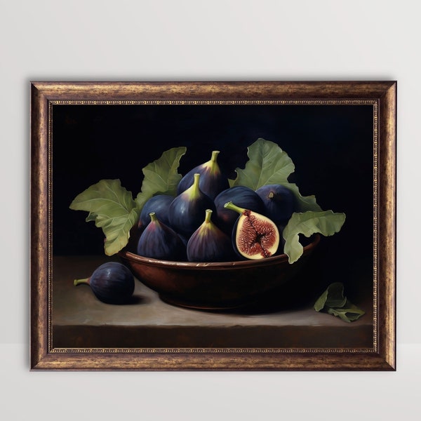 Figs in Bowl | Moody Fruit Print, Vintage Gothic Still Life Oil Painting, Kitchen Wall Art Rustic Farmhouse Decor Dark Antique Fig Printable