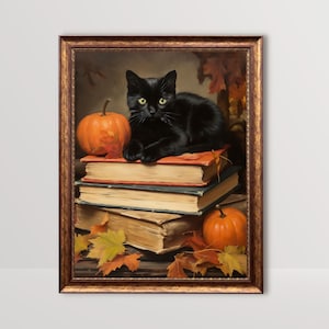 Schwarze Katze auf Büchern | Rustikaler Herbst Dekor, Cottagecore Wandkunst, Vintage Halloween Ölgemälde stimmungsvoller Herbst Druck dunkel Academia Herbst druckbare