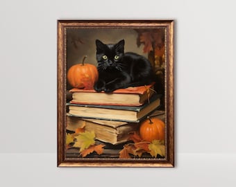 Black Cat on Books | Rustic Fall Decor, Cottagecore Wall Art, Vintage Halloween Oil Painting Moody Autumn Print Dark Academia Fall Printable