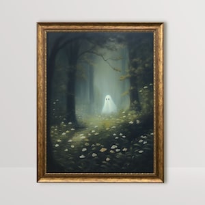 cute ghost art,spooky adorable creepy wall art,ghost painting,ghost in forest,whimsigoth art print, floral ghost dark cottagecore art,goth cottage core,gothic room decor,goth wall art, dark academia,halloween prints, sheet ghost art,ghost and flowers