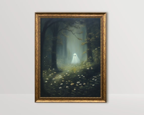 Ghost in Forest | Cute Ghost Painting Dark Cottagecore Spooky Wall Art Adorable Creepy Art Gothic Room Decor Whimsigoth Print Goth Printable