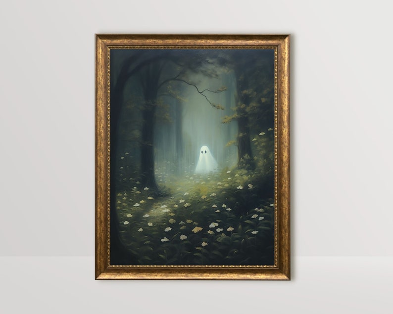 cute ghost art,spooky adorable creepy wall art,ghost painting,ghost in forest,whimsigoth art print, floral ghost dark cottagecore art,goth cottage core,gothic room decor,goth wall art, dark academia,halloween prints, sheet ghost art,ghost and flowers