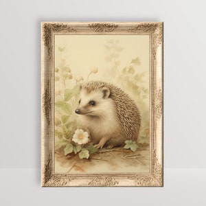 Egel | Cottagecore kunst aan de muur, vintage dierenschilderij, Boho boerderij decor, botanische bos afdrukbaar, neutrale bloemen esthetische print
