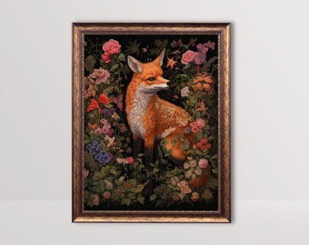 Woodland Fox | Dark Floral Gothic Cottagecore Art, Botaniczny nastrojowy obraz, Goth Wall Art, Fairycore estetyczny wydruk, Dark Academia Print