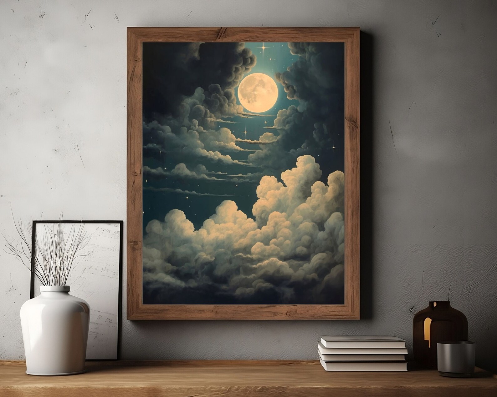 Moon and Clouds | Vintage Celestial Wall Art, Moody Night Sky Painting ...