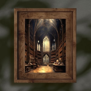 May include: A framed painting of a large, dark, gothic library with high ceilings, arched windows, and bookshelves lining the walls. The room is lit by sunlight streaming through the windows.