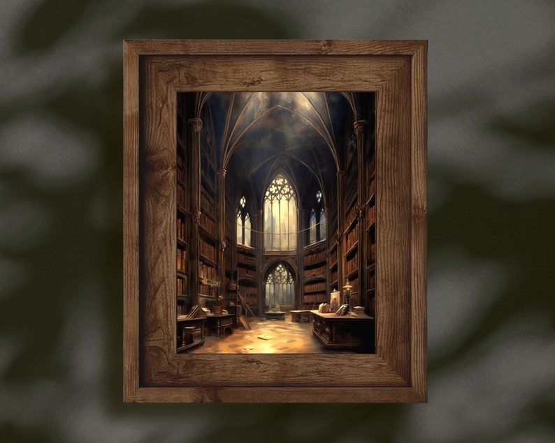 May include: A framed painting of a large, dark, gothic library with high ceilings, arched windows, and bookshelves lining the walls. The room is lit by sunlight streaming through the windows.