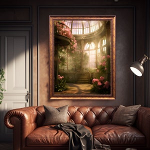 Victorian Conservatory Greenhouse Vintage Oil Painting, Renaissance Aesthetic, Coquette Room Decor, Light Academia Wall Art, Fairycore Print image 4