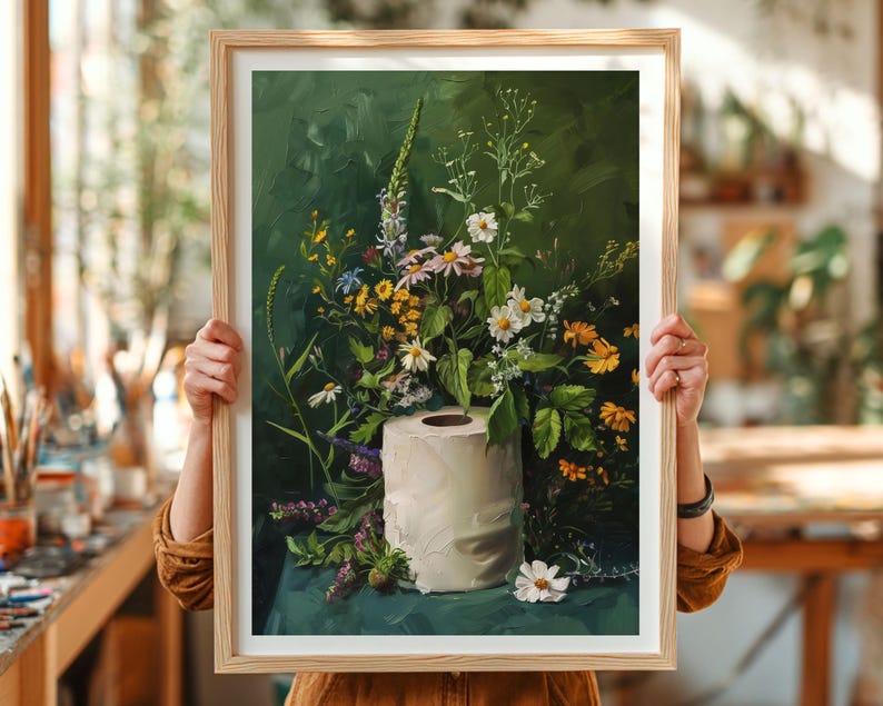 toilet paper art, bathroom wall art, bathroom wall decor, funny bathroom art, toilet wall art, bathroom wall art, botanical prints, botanical bathroom, green bathroom decor, dark bathroom decor, floral bathroom art, botanical wall art, moody wall art, cottagecore decor, dark cottagecore art, funny bathroom art, toilet painting, toilet art, moody green art, moody bathroom art, powder room art, guest bathroom art, toilet paper flowers, dark green painting, guest bath print, guest bathroom print
