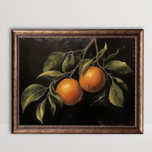 Impresión de fruta naranja / cambiante, pintura al óleo de bodegones de cítricos vintage, arte de la pared de la cocina, decoración rústica de la granja, arte imprimible del árbol de naranjas oscuras