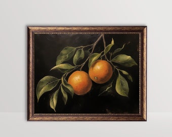 Orange | Moody Fruit Print, Vintage Citrus Still Life Oil Painting, Kitchen Wall Art, Rustic Farmhouse Decor Dark Oranges Tree Printable Art
