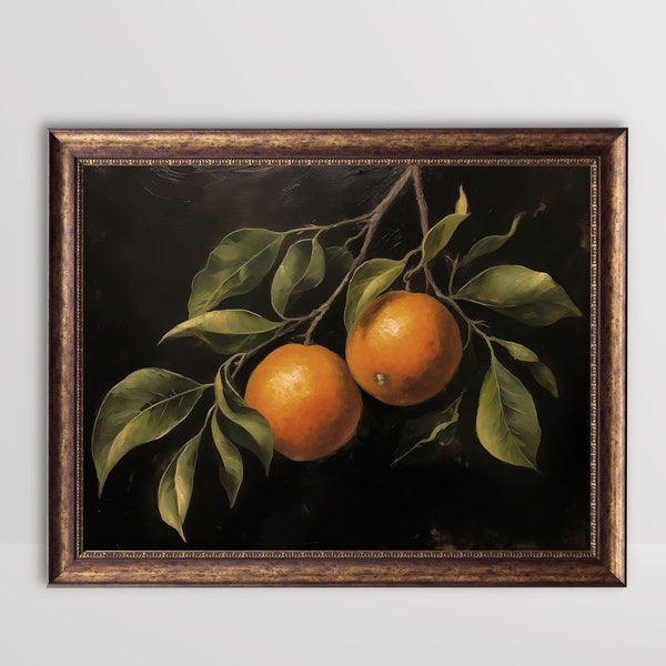 Orange | Moody Fruit Print, Vintage Citrus Still Life Oil Painting, Kitchen Wall Art, Rustic Farmhouse Decor Dark Oranges Tree Printable Art