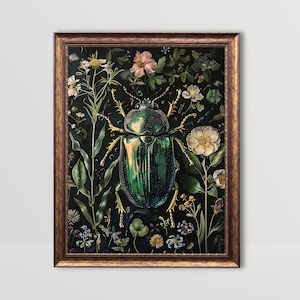 Scarabeo verde / Arte della parete di insetti, Arredamento Goth Cottagecore, Stampe del mondo accademico scuro Stampa botanica lunatica gotica Fiori vintage Pittura stampabile