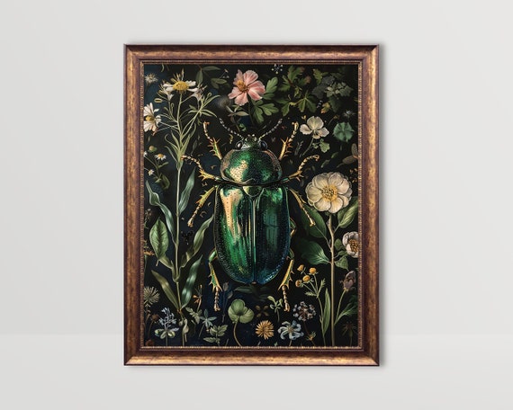 Green Beetle | Insect Wall Art, Goth Cottagecore Decor, Dark Academia Prints Gothic Moody Botanical Print Vintage Flowers Printable Painting