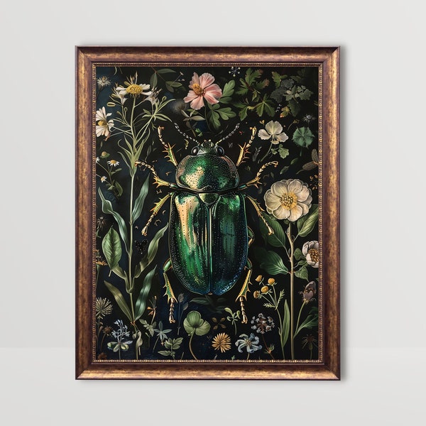 Green Beetle | Insect Wall Art, Goth Cottagecore Decor, Dark Academia Prints Gothic Moody Botanical Print Vintage Flowers Printable Painting