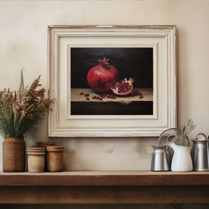 Pomegranate Still Life Oil Painting, Kitchen Wall Art, Moody Fruit Print, Vintage Red Garnet Printable Decor, Dark Minimalist Aesthetic zdjęcie 3