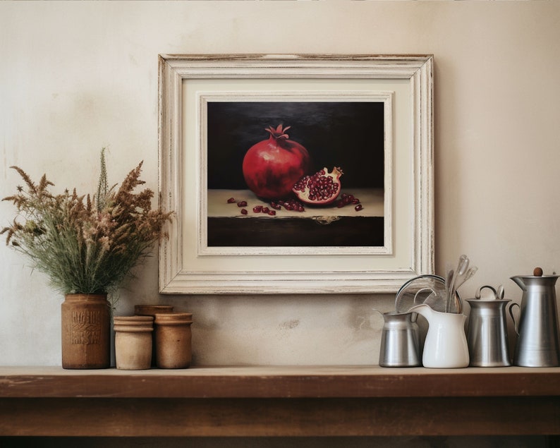 Pomegranate Still Life Oil Painting, Kitchen Wall Art, Moody Fruit Print, Vintage Red Garnet Printable Decor, Dark Minimalist Aesthetic zdjęcie 3