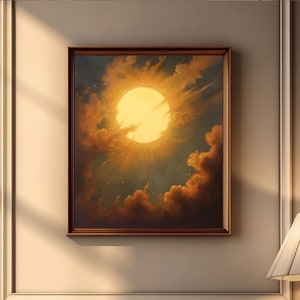 May include: A painting of a large, bright yellow sun shining through clouds in a golden sky. The sun is surrounded by rays of light and the clouds are a soft, muted brown.