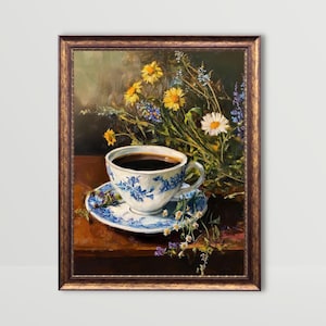 コーヒー | 気まぐれなキッチンの壁アート 静物画 コーヒーカートアート ビンテージ朝食ポスター ムーディーなフードプリント 花 コテージコアプリント