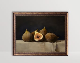 Figos temperamentais | Impressão de frutas vintage, pintura a óleo de vida morta, arte de parede de cozinha, decoração rústica de fazenda, figo neutro escuro, impressões de arte fina imprimíveis