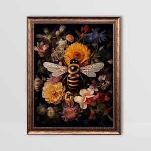 Biene | Blumeninsekten Wandkunst, Vintage Blumen druckbare Malerei, Goth Cottagecore Dekor, Dark Academia Drucke, Gothic Moody Botanischer Druck