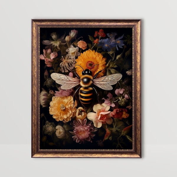 Bee | Floral Insect Wall Art, Vintage Flowers Printable Painting, Goth Cottagecore Decor, Dark Academia Prints, Gothic Moody Botanical Print