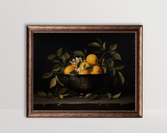 Naranjas / Moody Fruit Bowl Print, Pintura al óleo de bodegones de cítricos vintage, Arte de la pared de la cocina, Decoración rústica de la granja Arte imprimible de color naranja oscuro