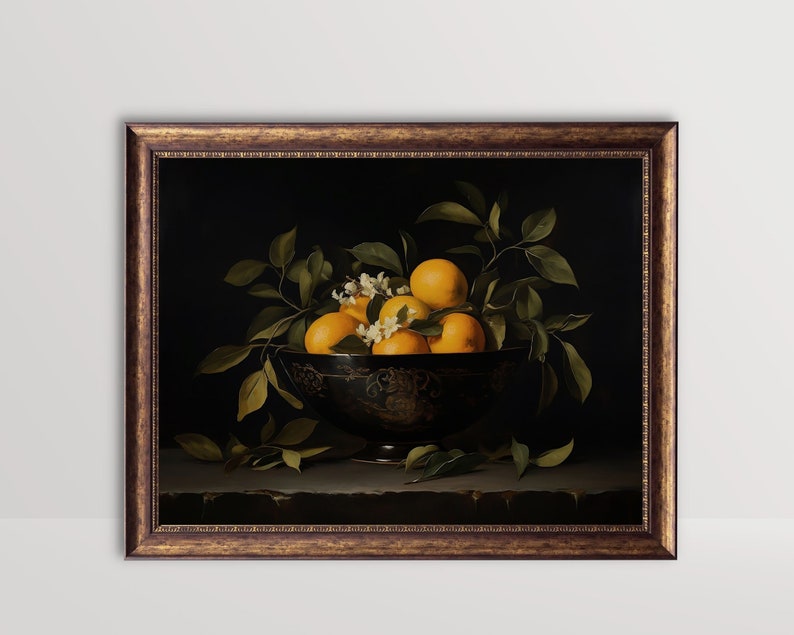 orange art print,orange oil painting,moody fruit print,kitchen wall art, vintage citrus print,fruit bowl print,fruit still life, still life painting, antique fruit prints,kitchen painting,oranges wall art,rustic farmhouse kitchen fruit print