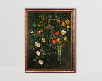 Floral Shower | Bathroom Wall Art, Cottagecore Decor, Moody Bathroom Artwork, Dark Green Guest Bath Printable Painting (Digital Download)