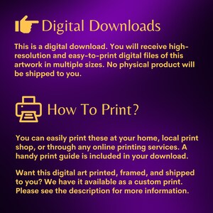 May include: Digital download graphic with a purple background and gold text. The text reads "Digital Downloads" and "How To Print?" with a printer icon. The text explains that the product is a digital download and includes instructions on how to print the artwork.