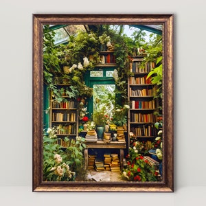 Greenhouse Library Reading Nook Painting Printable, Library Art Print, Bookish Wall Art, Bibliophile Decor, Book Lover Fantasy Poster Gift