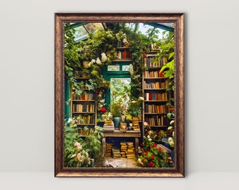 Greenhouse Library Reading Nook Painting Printable, Library Art Print, Bookish Wall Art, Bibliophile Decor, Book Lover Fantasy Poster Gift