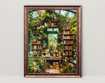 Greenhouse Library Reading Nook Painting Printable, Library Art Print, Bookish Wall Art, Bibliophile Decor, Book Lover Fantasy Poster Gift