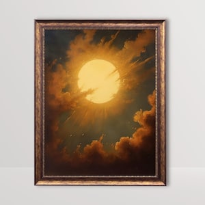 May include: A framed painting of a large, bright yellow sun breaking through dark clouds. The sun is surrounded by a golden glow and rays of light.