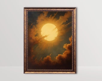 Sun and Clouds | Antique Celestial Print, Vintage Oil Painting, Cloud Sun Art Print, Witchy Wall Art, Gothic Aesthetic, Sun Burst Wall Decor