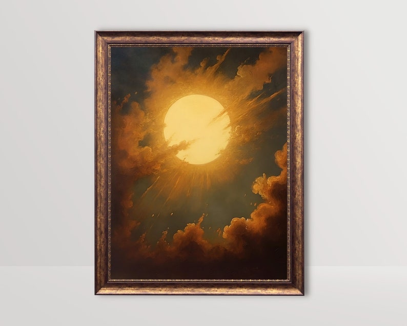 May include: A framed painting of a large, bright yellow sun breaking through dark clouds. The sun is surrounded by a golden glow and rays of light.