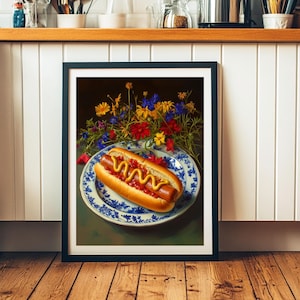 hot dog wall art,trendy wall art,quirky kitchen decor,fun food wall art,funny still life painting,bar cart wall art,fun kitchen decor,hot dog painting,funny kitchen art,moody colorful art,moody kitchen art,dark kitchen decor,moody floral art,moody food art,whimsical wall art,whimsical food art,funny food prints,food wall art,kitchen wall art,dining room wall art,wildflower kitchen art,foodie wall art,dorm room decor, dorm wall decor,diner wall art,dinner wall art,fun living room wall art