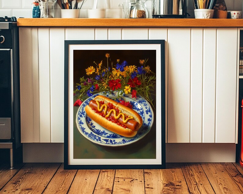 hot dog wall art,trendy wall art,quirky kitchen decor,fun food wall art,funny still life painting,bar cart wall art,fun kitchen decor,hot dog painting,funny kitchen art,moody colorful art,moody kitchen art,dark kitchen decor,moody floral art,moody food art,whimsical wall art,whimsical food art,funny food prints,food wall art,kitchen wall art,dining room wall art,wildflower kitchen art,foodie wall art,dorm room decor, dorm wall decor,diner wall art,dinner wall art,fun living room wall art