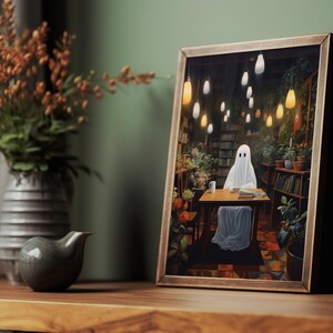 ghost with books botanical coffee shop bookstore,spooky adorable creepy art oil painting,whimsigoth gothic ghost poster,goth cottagecore wall art, dark academia halloween prints, sheet ghost library cute creepy printable,bookish ghost, booklover gift