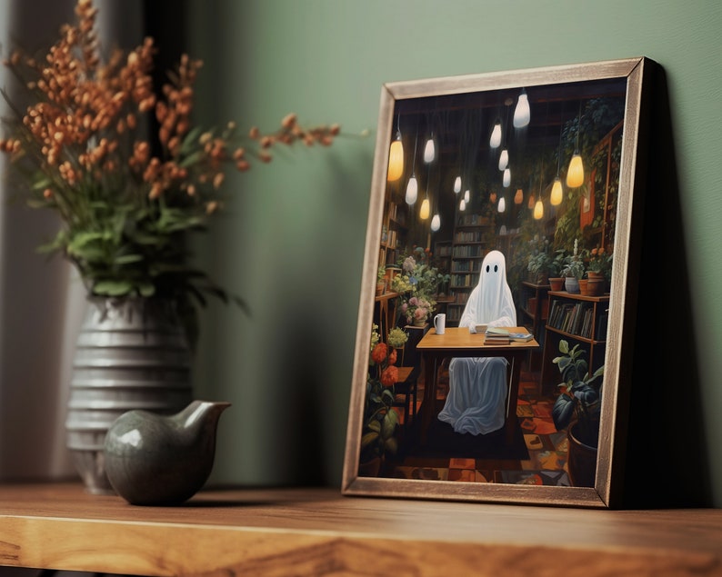ghost with books botanical coffee shop bookstore,spooky adorable creepy art oil painting,whimsigoth gothic ghost poster,goth cottagecore wall art, dark academia halloween prints, sheet ghost library cute creepy printable,bookish ghost, booklover gift