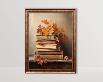 Rustic Fall Books Still Life | Vintage Farmhouse Print, Cottagecore Wall Art, Autumn Country Oil Painting Dark Academia Fall Decor Printable