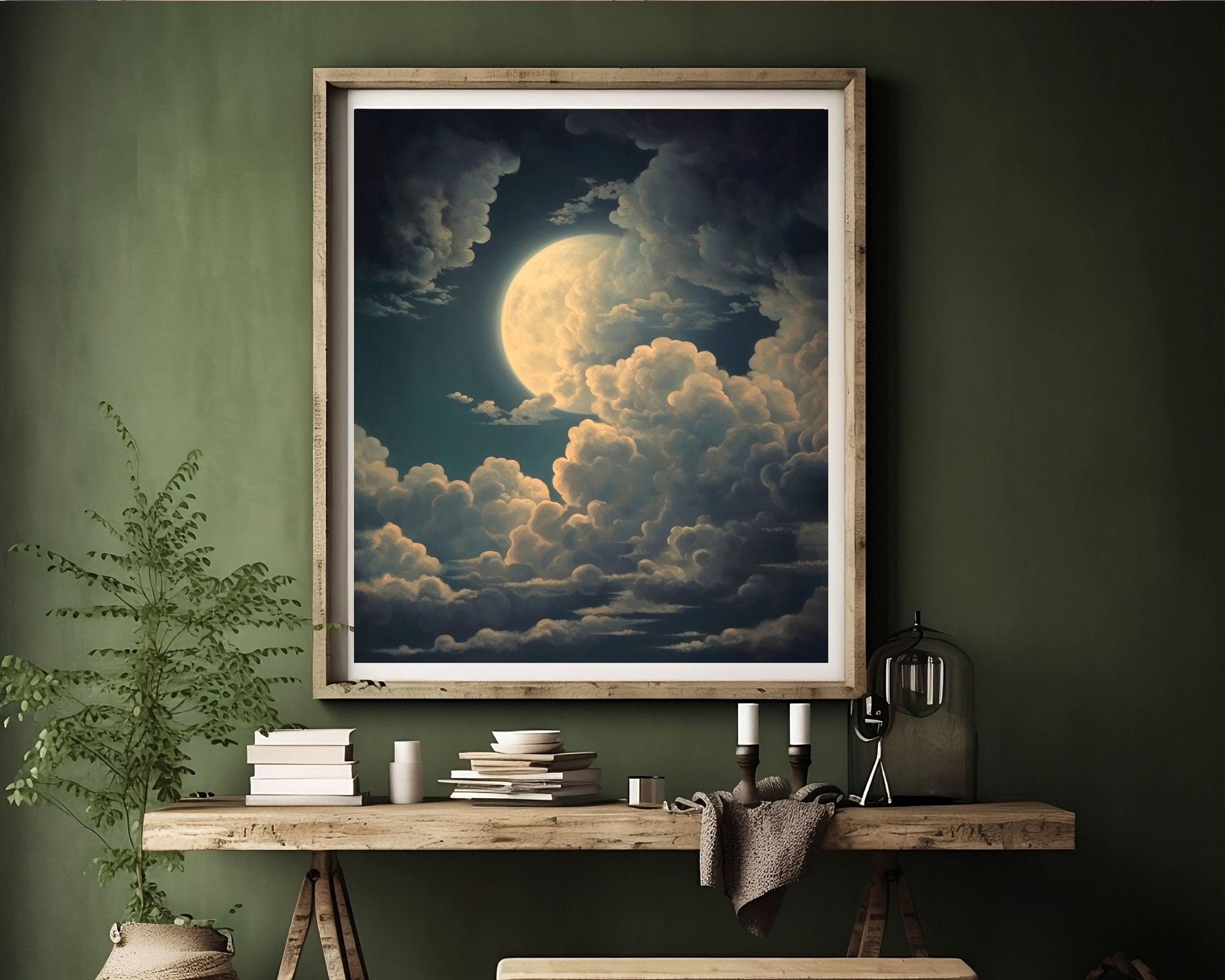 Moon and Clouds | Antique Celestial Wall Art, Moody Night Sky Painting ...