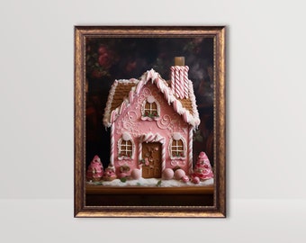 Gingerbread House | Pink Christmas Print, Festive Home Decor, Holiday Wall Art, Farmhouse Winter Painting, Coquette Prints, Xmas Printable