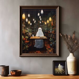 ghost with books botanical coffee shop bookstore,spooky adorable creepy art oil painting,whimsigoth gothic ghost poster,goth cottagecore wall art, dark academia halloween prints, sheet ghost library cute creepy printable,bookish ghost, booklover gift