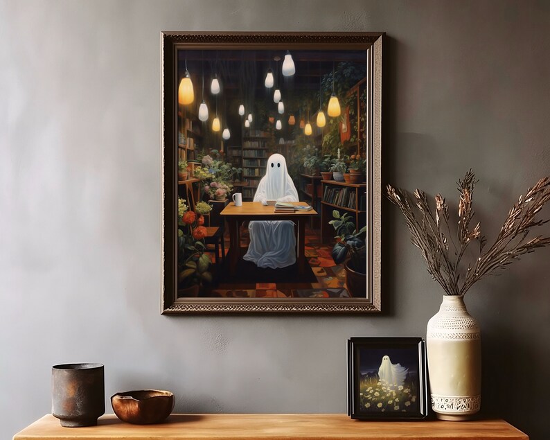 ghost with books botanical coffee shop bookstore,spooky adorable creepy art oil painting,whimsigoth gothic ghost poster,goth cottagecore wall art, dark academia halloween prints, sheet ghost library cute creepy printable,bookish ghost, booklover gift