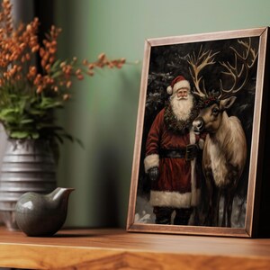 dark christmas decor,moody christmas art,dark academia decor,santa reindeer print,reindeer wall art,santa wall art,black background art,vintage christmas,vintage santa claus reindeer print,santa printable,vintage winter print,dark academia santa